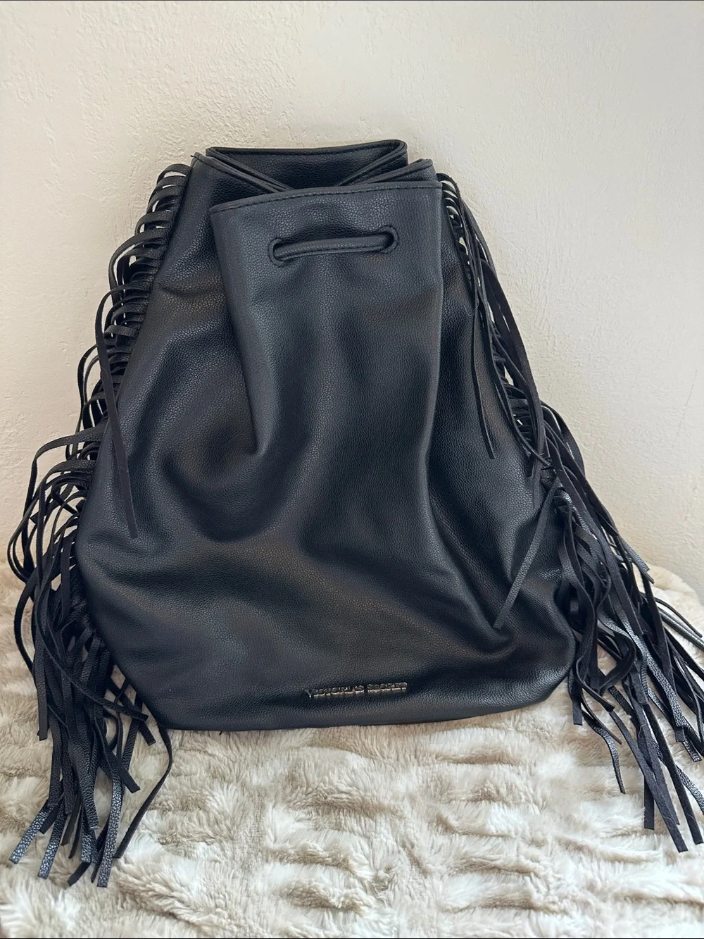 Victoria's Secret Black Leather Fringe Hobo Bucket Bag